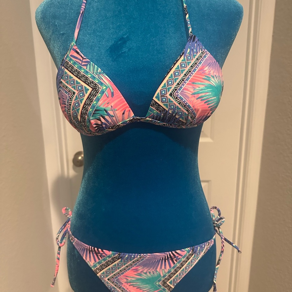 No Boundaries Pink & Teal Tropical Tie-Side Bikini